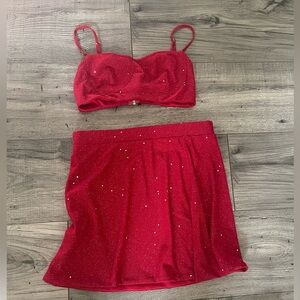 Two piece set with Red Skirt and matching crop top with Sparkling Accents